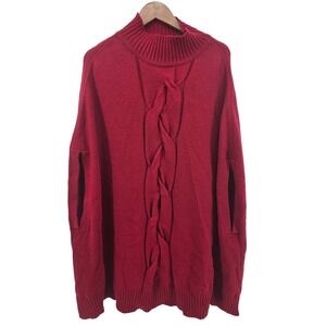 Chicos Zenergy Poncho Womens L/XL Red Cable Knit Mock Neck Arm Slit Sweater‎
